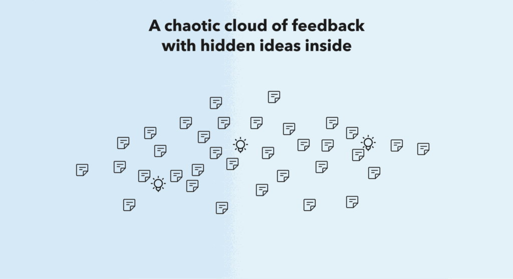 Illustration showing a chaotic cloud of feedback icons with a few lightbulbs representing hidden ideas