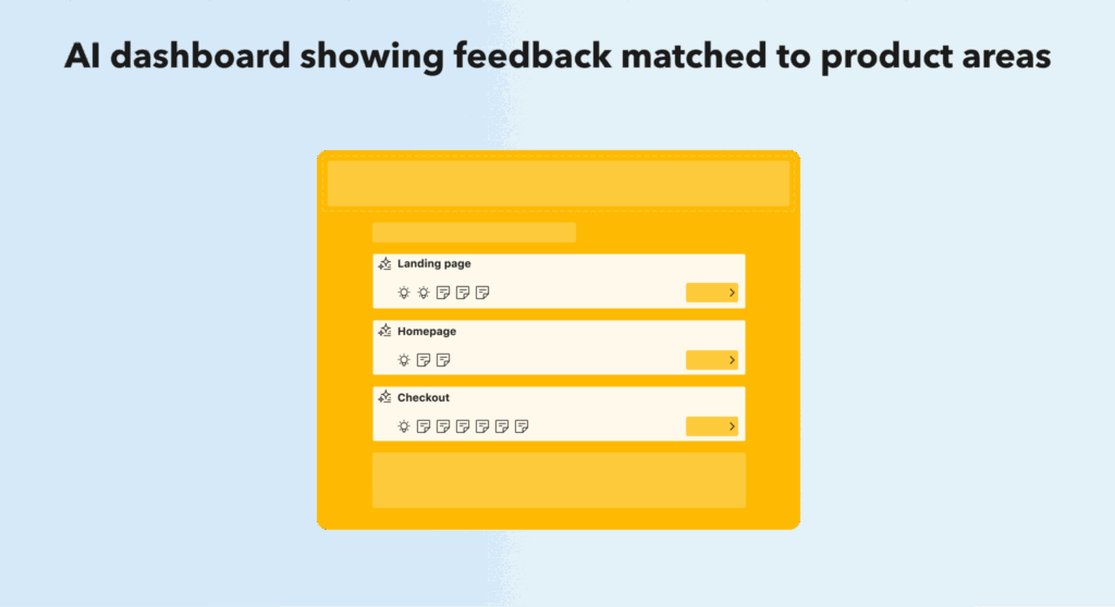 Mock interface of a dashboard showing feedback linked to landing page, homepage, and checkout