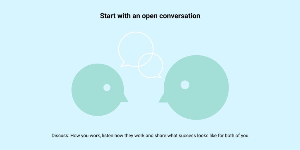 Minimal graphic of two people talking with speech bubbles above them on a light blue background