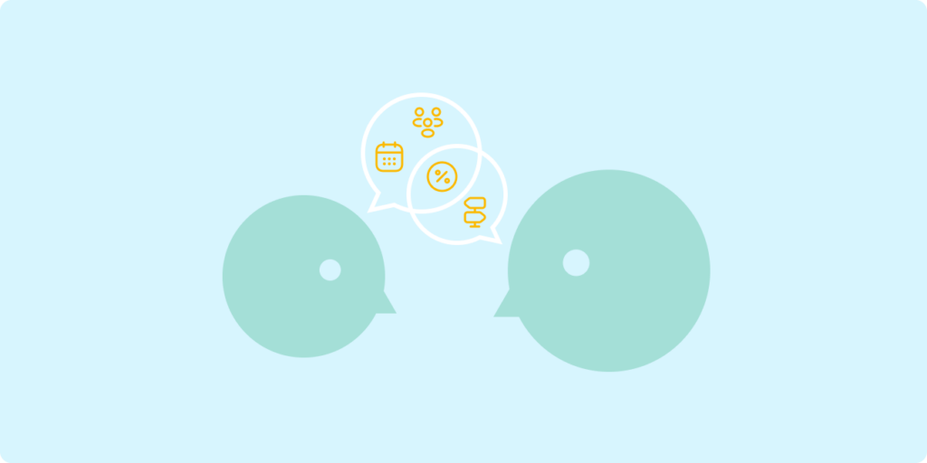Minimal illustration of two people discussing timelines, priorities, and workload management in a product design environment.