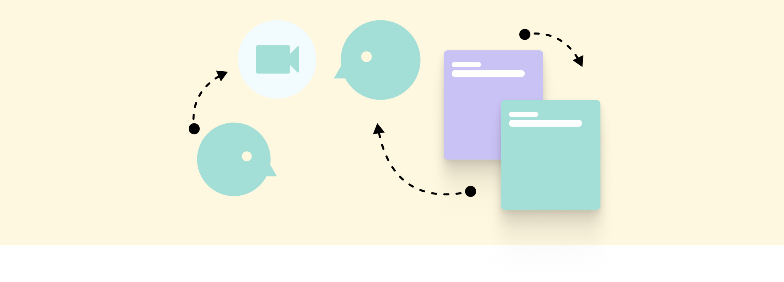 Abstract illustration of people connecting through conversation, video, and shared feedback.